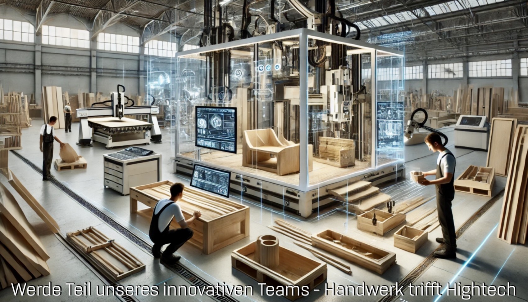 Moderne Tischlerei, in der Handwerk auf Hightech trifft: In einer lichtdurchfluteten Werkhalle arbeiten Schreiner an hochwertigen Holzmöbeln, unterstützt von innovativen CNC-Maschinen und digital vernetzten Produktionsprozessen. Ein futuristischer Glaskubus mit holographischen Anzeigen und Hightech-Robotik demonstriert den Einsatz modernster Fertigungstechnologien. Der Slogan 'Werde Teil unseres innovativen Teams – Handwerk trifft Hightech' lädt zum Bewerben bei der marko brux möbel und innenausbau GmbH ein.
