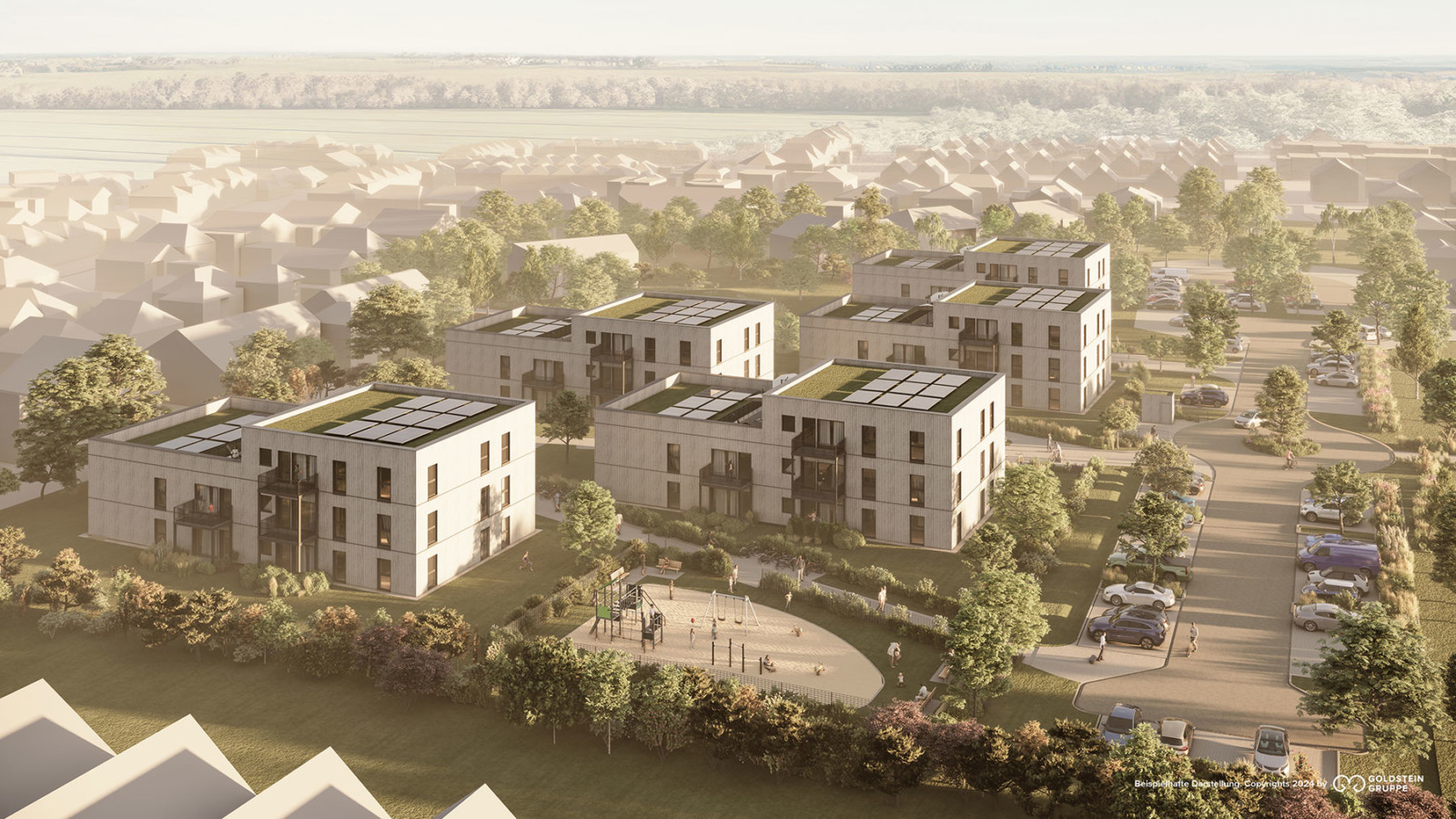 Visualisierung Neubau Am Felder Hof: 5 Mehrfamilienhäuser in einer Wohnsiedlung