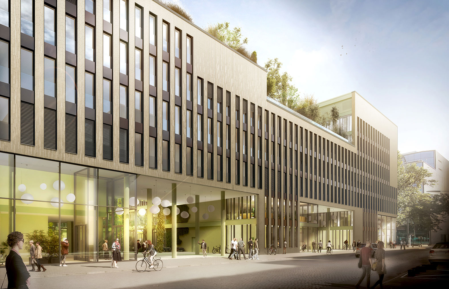 Visualisierung des Atreeum in Frankfurt: Das Gebäude soll eine braune Fassade mit vielen hohen Fenstern bekommen, die von der Fassade in geraden, nach unten fließenden Linien eingerahmt werden.