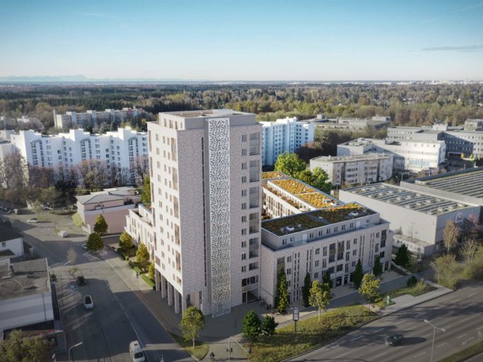 Visualisierung des AVES QUARTIERS in Haar bei München. Es besteht aus einem Hochhaus und zwei weiteren Mehrfamilienhäusern