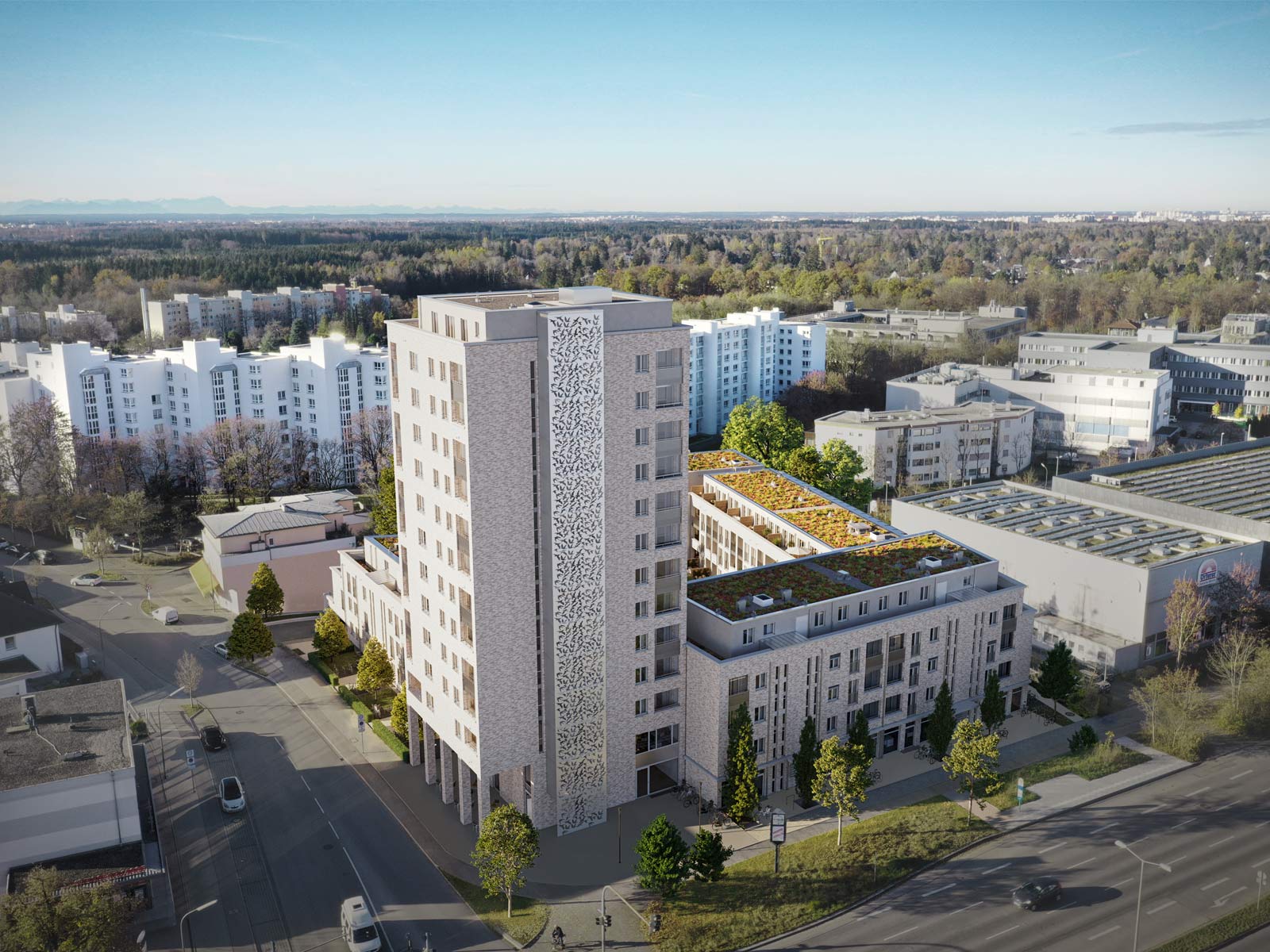 Visualisierung des AVES QUARTIERS in Haar bei München. Es besteht aus einem Hochhaus und zwei weiteren Mehrfamilienhäusern