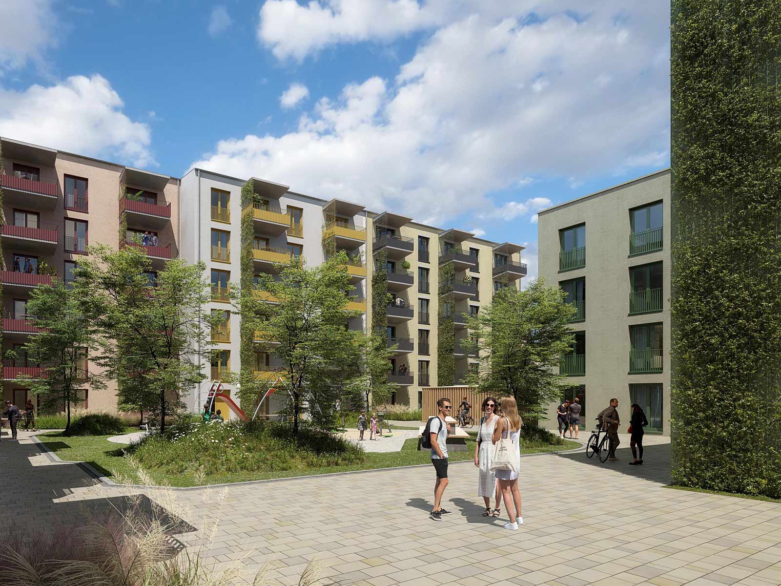 Visualisierung mehrerer Mehrfamilienhäuser. Drei Menschen begegnen sich im begrünten Innenhof. 98 geförderte Wohnungen sind im neubau der BayernHeim GmbH in Fürth geplant.