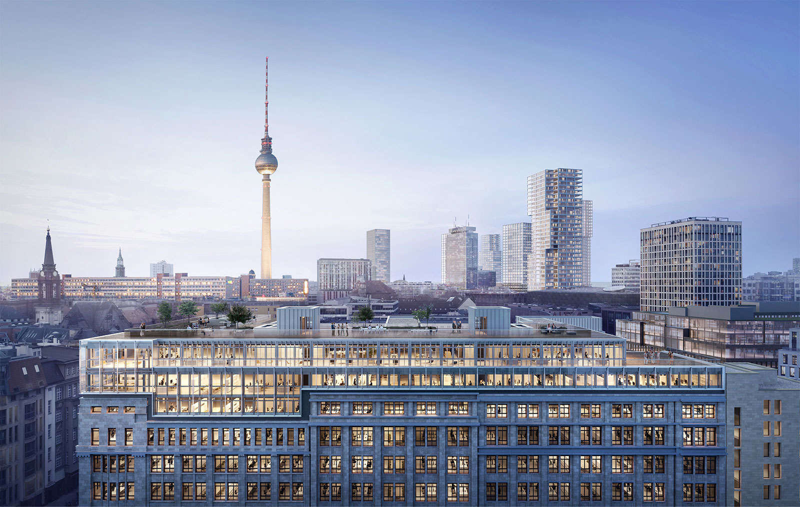 Visualisierung des BEAM Berlin. Durch Aufstockung entstehen auf dem Schicklerhaus neue Büroflächen und eine Dachterrasse mit Ausblick auf den Fernsehturm.