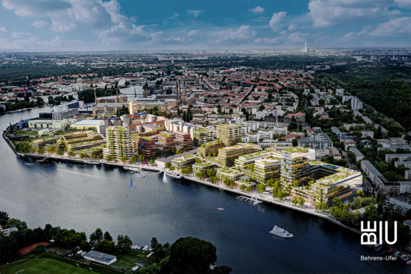 Überblick über das Behrens-Ufer in Berlin. Das Gelände liegt direkt an der Spree