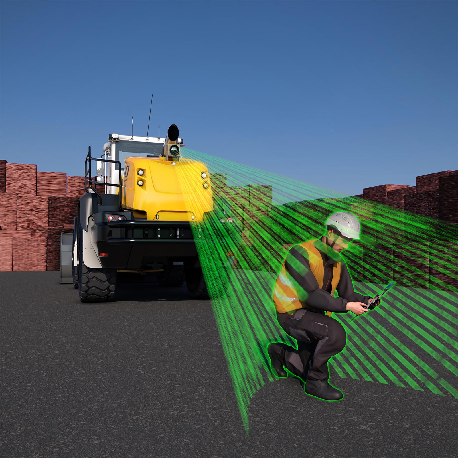 Das Beitragsbild zur neuen BG BAU Förderung 2024 zeigt ein Personenerkennungssystem. Ein Mann wird von Laserstrahlen erfasst.
