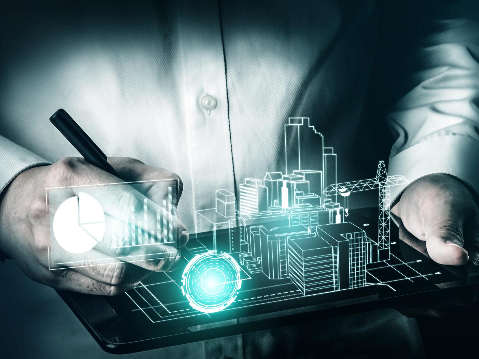 Das Bild zum beitrag BIM Deutschland startet in Phase zwei zeigt eine Person , die ein Tablet in der Hand hält. Darüber schweben digital visualisiert schemenhaft mehrere Bauprojekte.