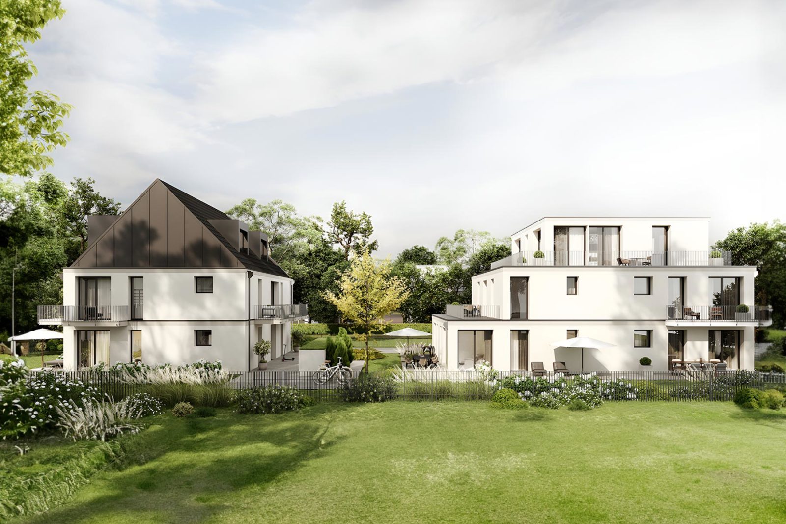 Visualisierung der beiden gebäude des Neubaus BLUE in München: Ein Wohnhaus mit Spitzdach, das andere in modernem Bauhaus-Stil.