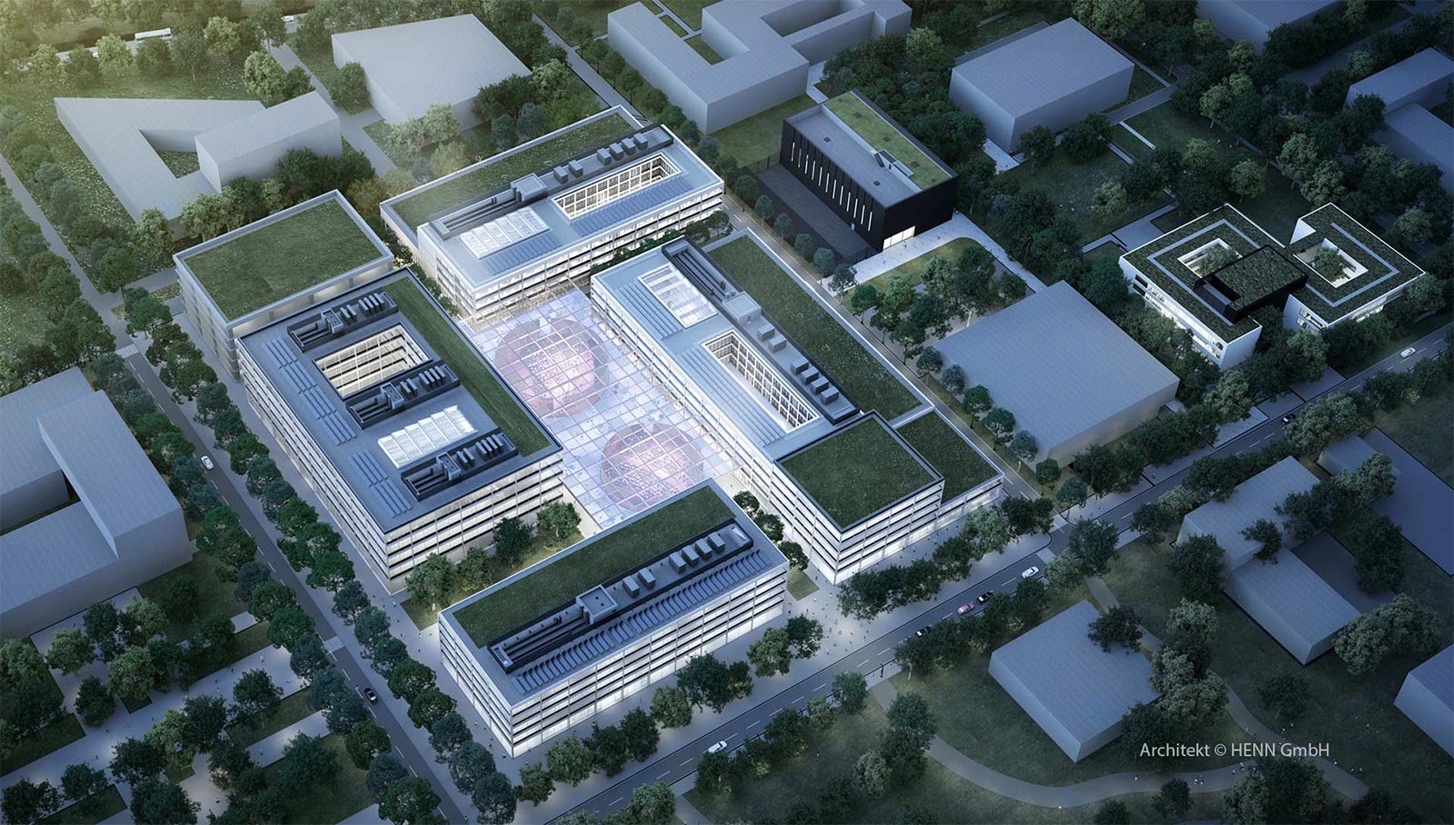 Visualisierung eines Gebäudeensembles mit einem Glasdach in der Mitte