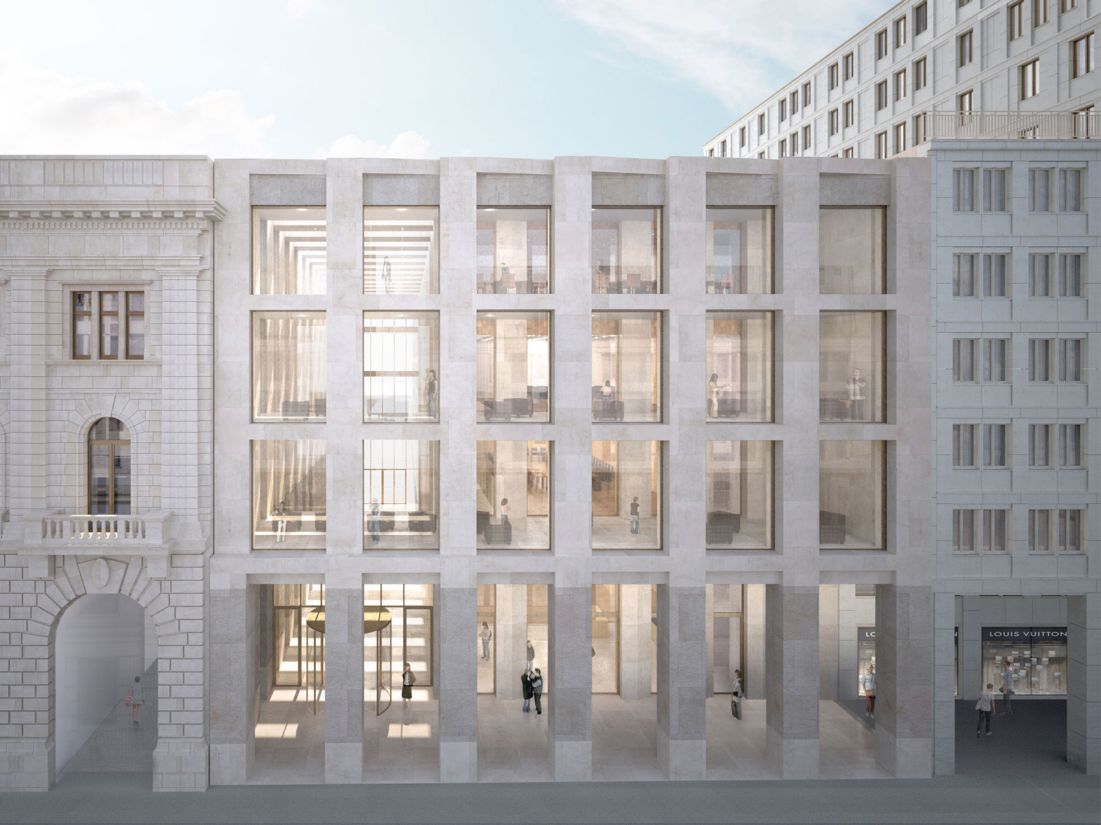 Visualisierung des Anbaus mit Besucherzentrum für das Bundesratsgebäude. Der massive Anbau ist quadratisch, stützt sich auf durchgängige Säulen, hat große Fenster und fügt sich in das Bestandsgebäude ein.