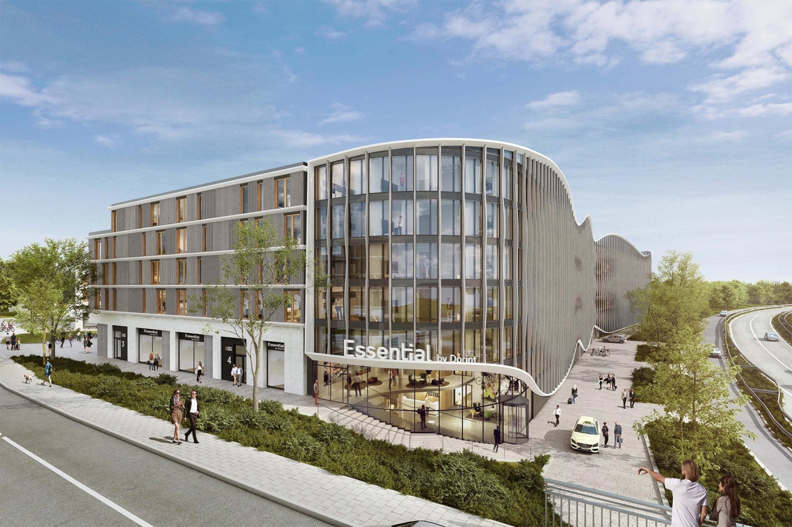 Visualisierung der Deiker Höfe in Düsseldorf: Außenvisualisierung, geschwungenes Gebäude mit Glasfassade.