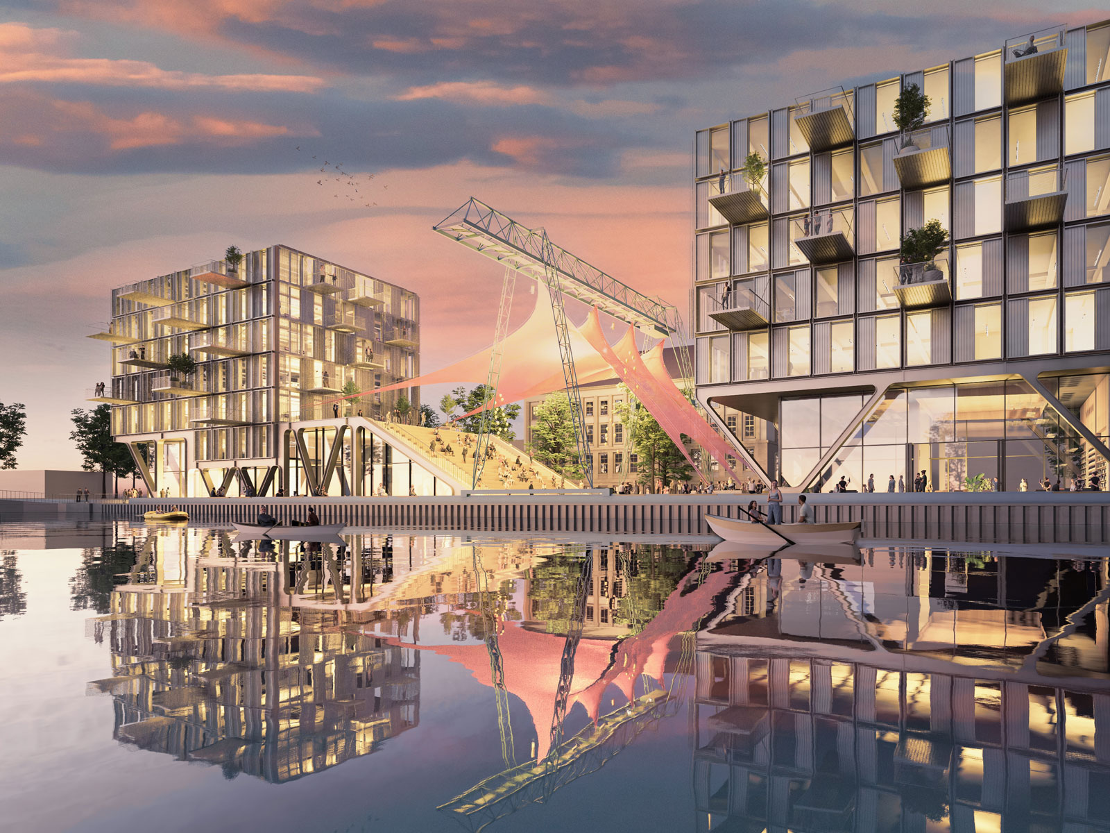 So soll der Neubau DOXS NKLN in Berlin aussehen: Zwei Gebäude direkt am Wasser. Ein Sonnensegel ist dazwischen aufgespannt