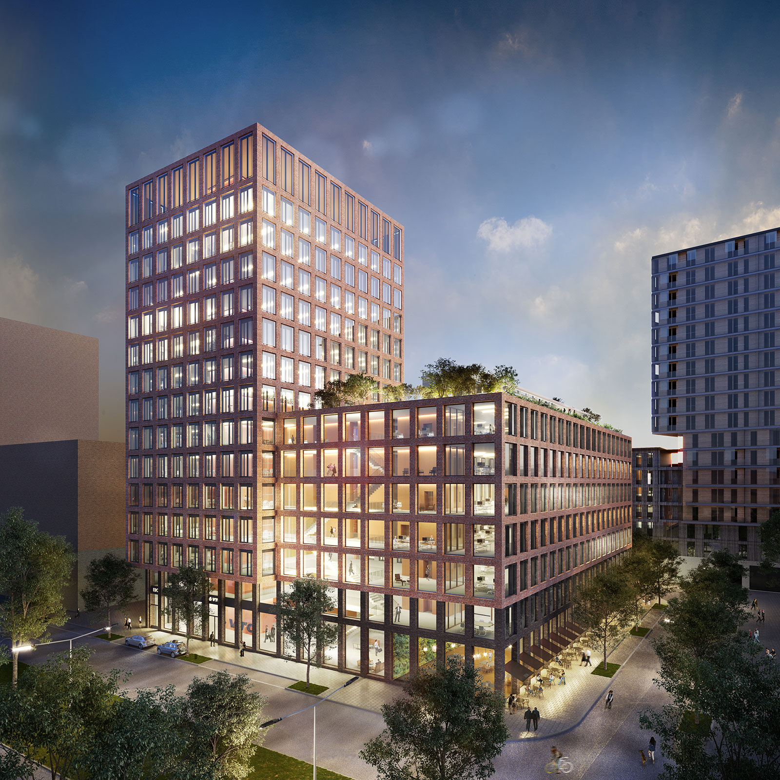 Visualisierung des EBQ 101 im Elbbrückenquartier in der Hafencity Hamburg. Die Fassade des Büro- und Geschäftsgebäudes ist aus Rotklinker und Glas. Die rechte gebäudeseite ist nur etwa halb so groß wie der Tower auf der linken Seite.