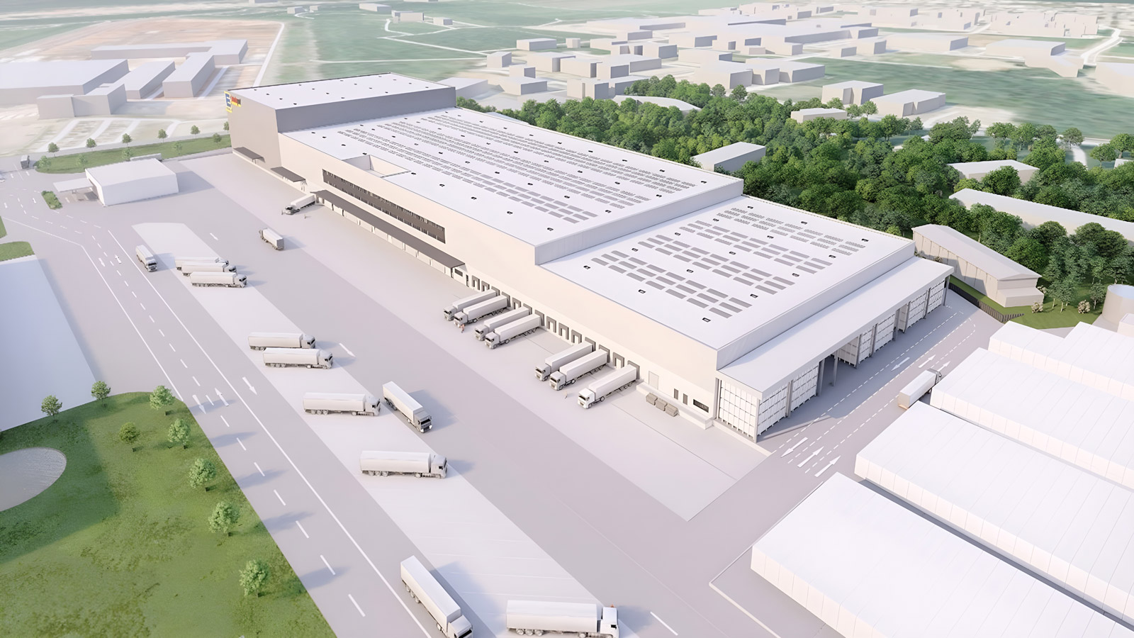 Die Visualisierung des EDEKA Logistikzentrums in Landsberg zeigt eine große Halle mit vielen LKW-Anlieferungsstellen.