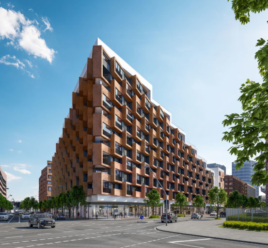 Visualisierung von Eleven Decks in der HafenCity Hamburg. Das rot-orangene Gebäude läuft wie ein Schiff spitz zu.