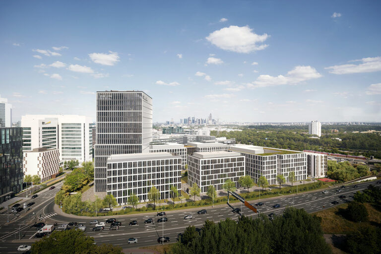 Visualisierung des geplanten Business-Campus Eschborn Gate: Moderne Gebäude mit großen Glas-Fassaden.