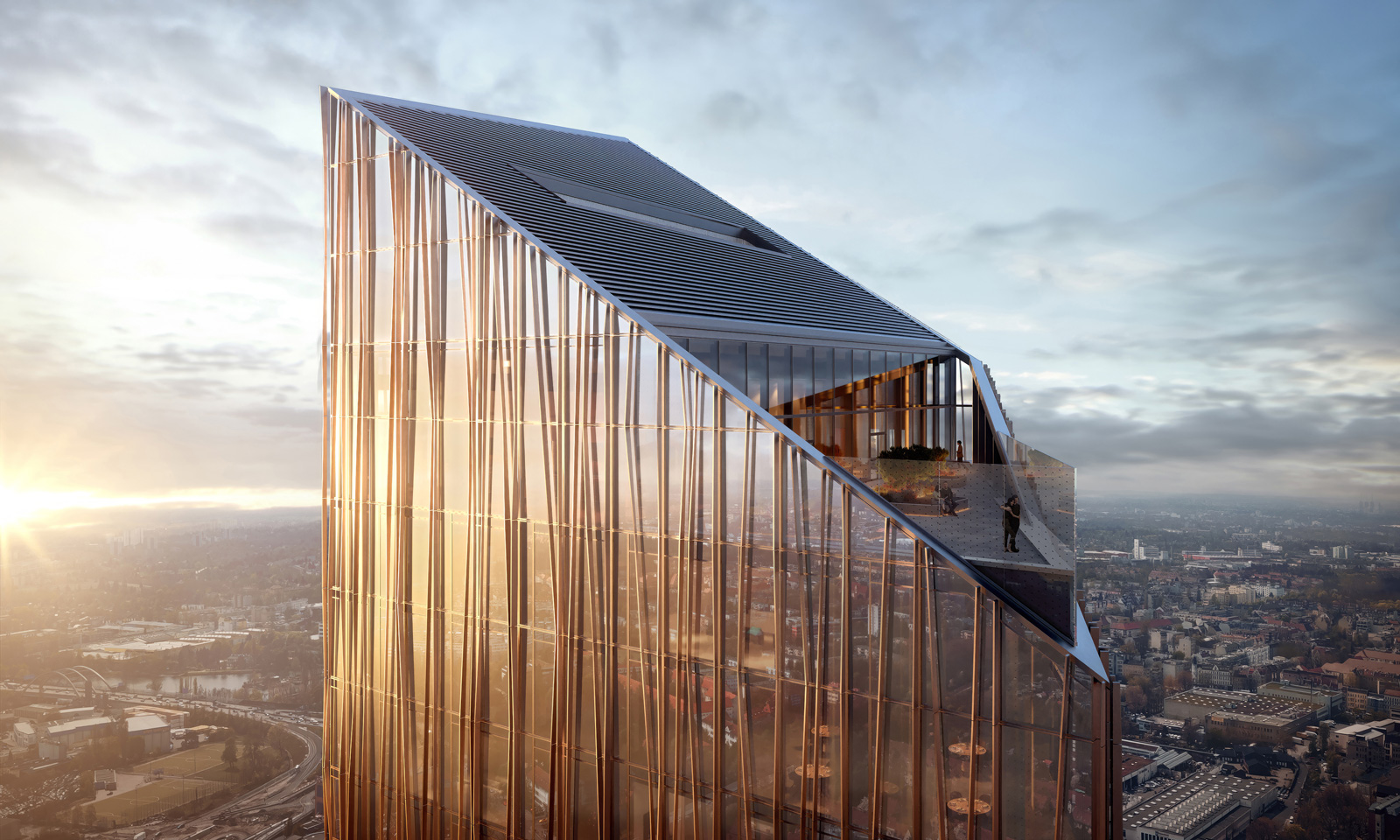 Estrel Tower: Visualisierung der obersten Geschosse samt Dachterrasse, Berlin im Hintergrund