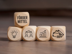 Würfel,it der Aufschrift "Fördermittel" soll Förderungen für Neubauprojekte in 2025 symbolisieren