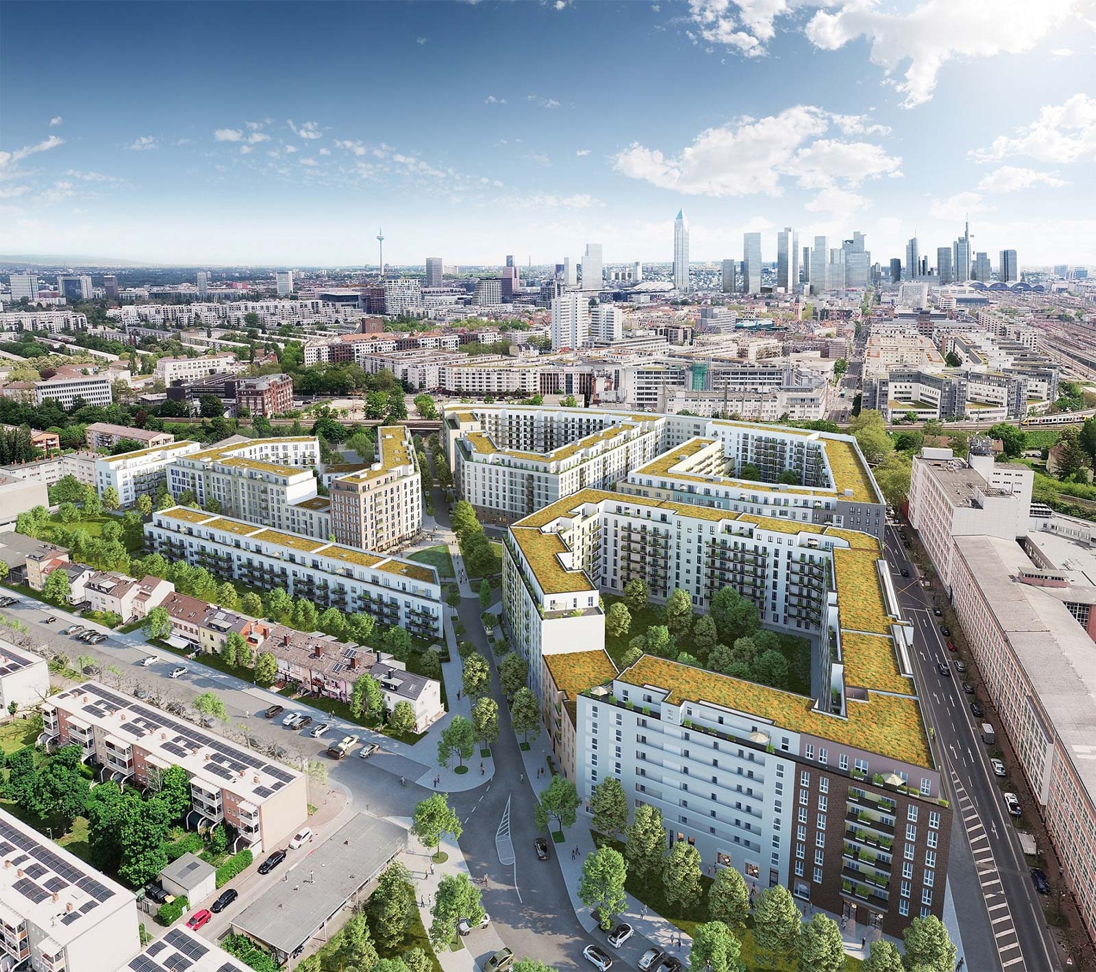 Visualisierung des Neubaus FRANKY in Frankfurt. Das Quartier in Reihenbebauung fügt sich in der Stadtbild ein.