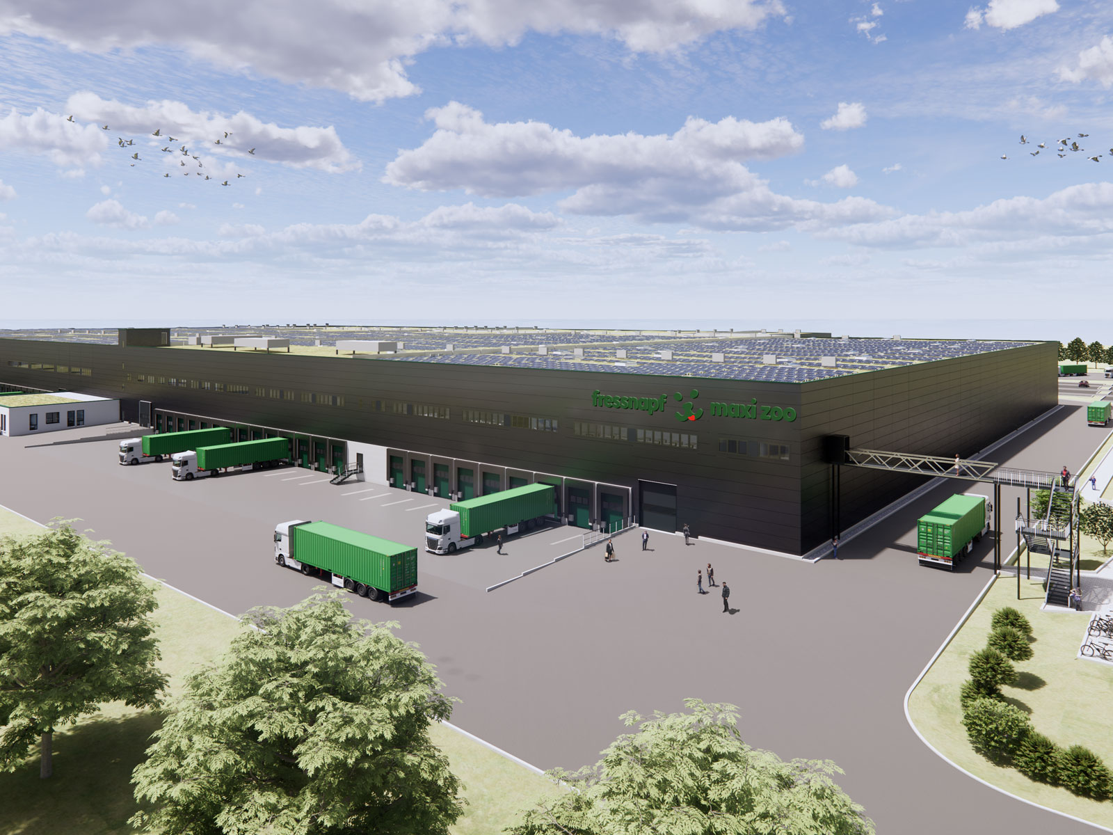 Visualisierung des Bauprojekts Logistikhalle für Fressnapf in Nörvenich