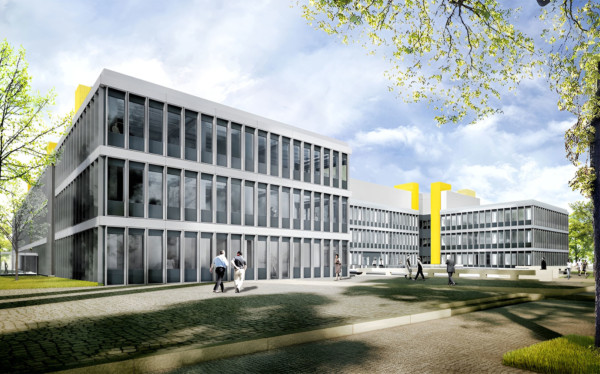 So soll die FU Berlin nach der Grundsanierung aussehen: Glasfassade mit grauen Metallstreben, hohe Fenster und gelbe architektonische Elemente