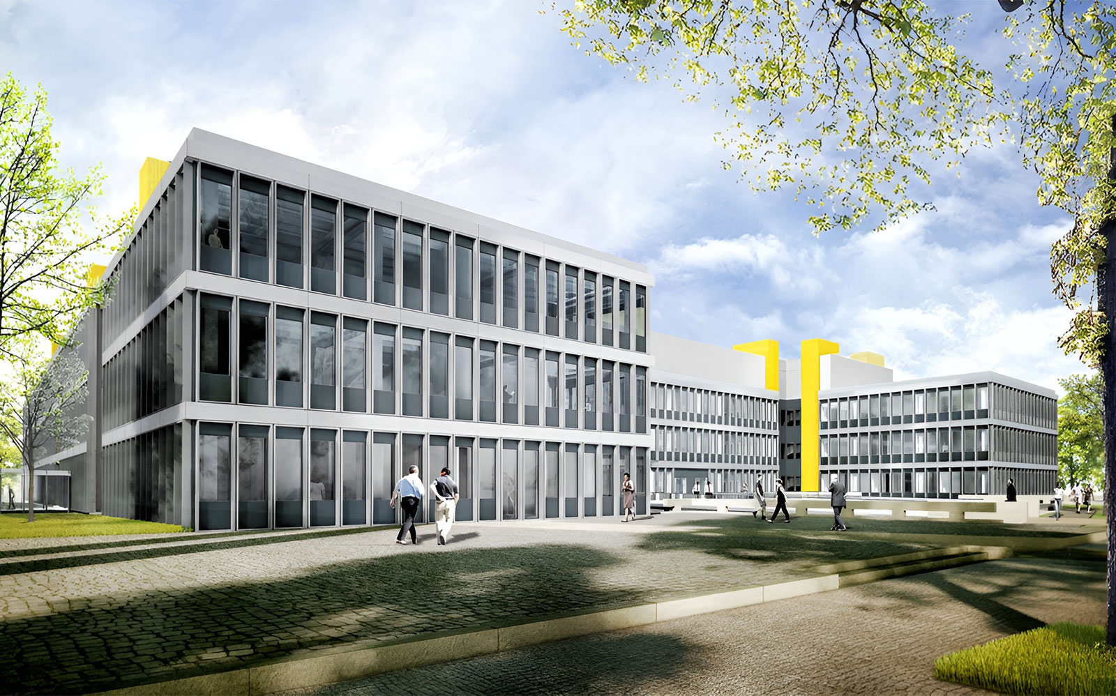 So soll die FU Berlin nach der Grundsanierung aussehen: Glasfassade mit grauen Metallstreben, hohe Fenster und gelbe architektonische Elemente