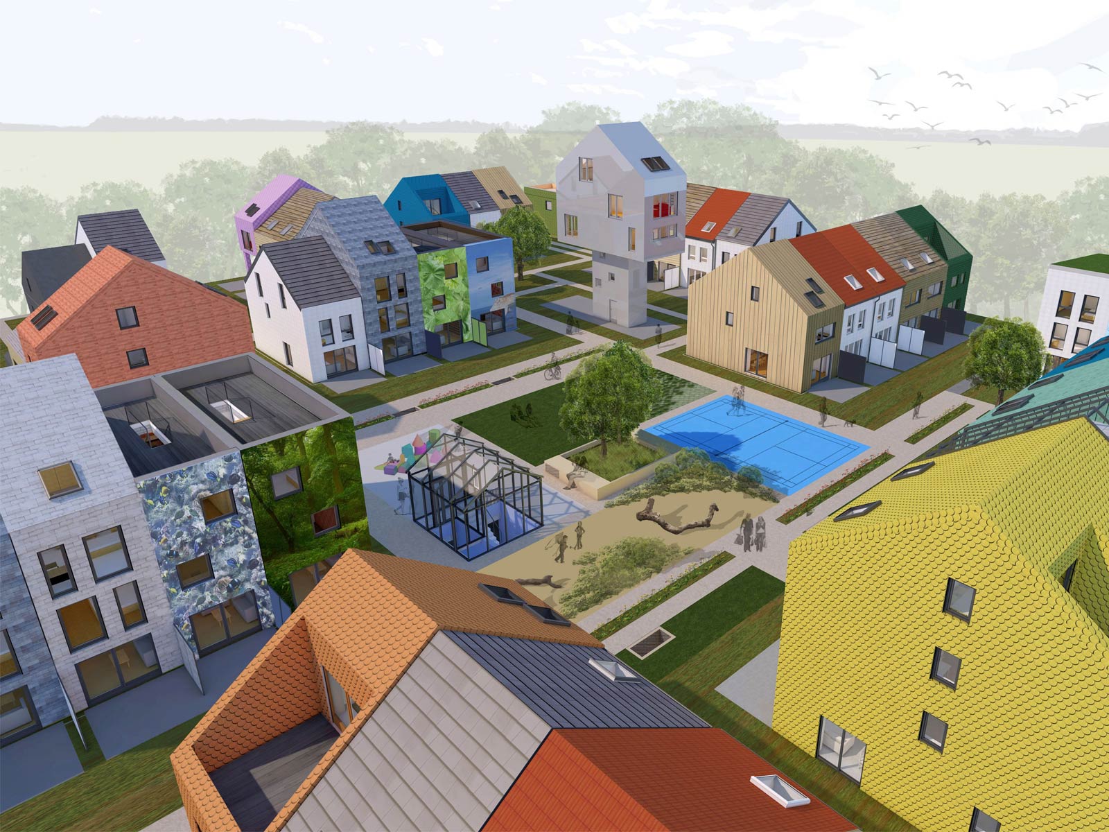 Visualisierung des Bauvorhabens Funari in Mannheim. Das Baufeld ist voller kleiner, sehr unterschiedlicher und bunter Häuser.