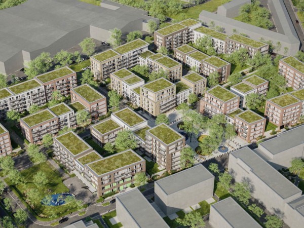 Visualisierung des gesamten Bauprojekts Gather Höfe in Düsseldorf: Etwa 40 Reihenhäuser mit 3 bis 6 Stockwerken