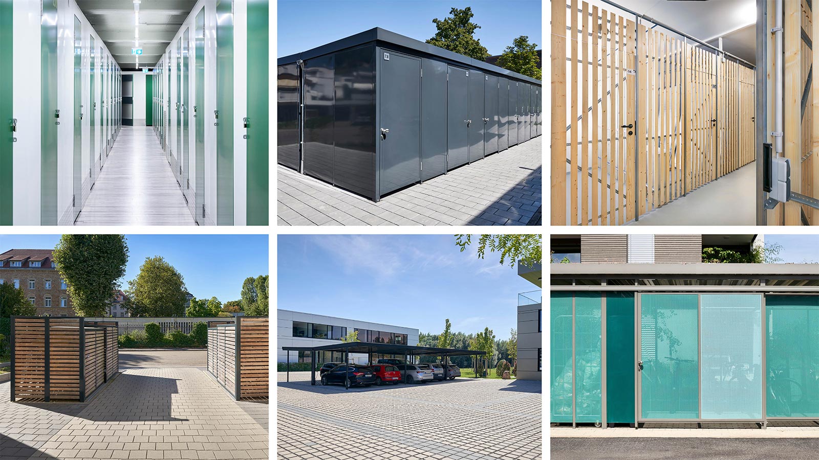 Collage von Leistungen der Gerhardt Braun Unternehmensgruppe: Schließfächer, Kellerräume, Einhausung, Carport