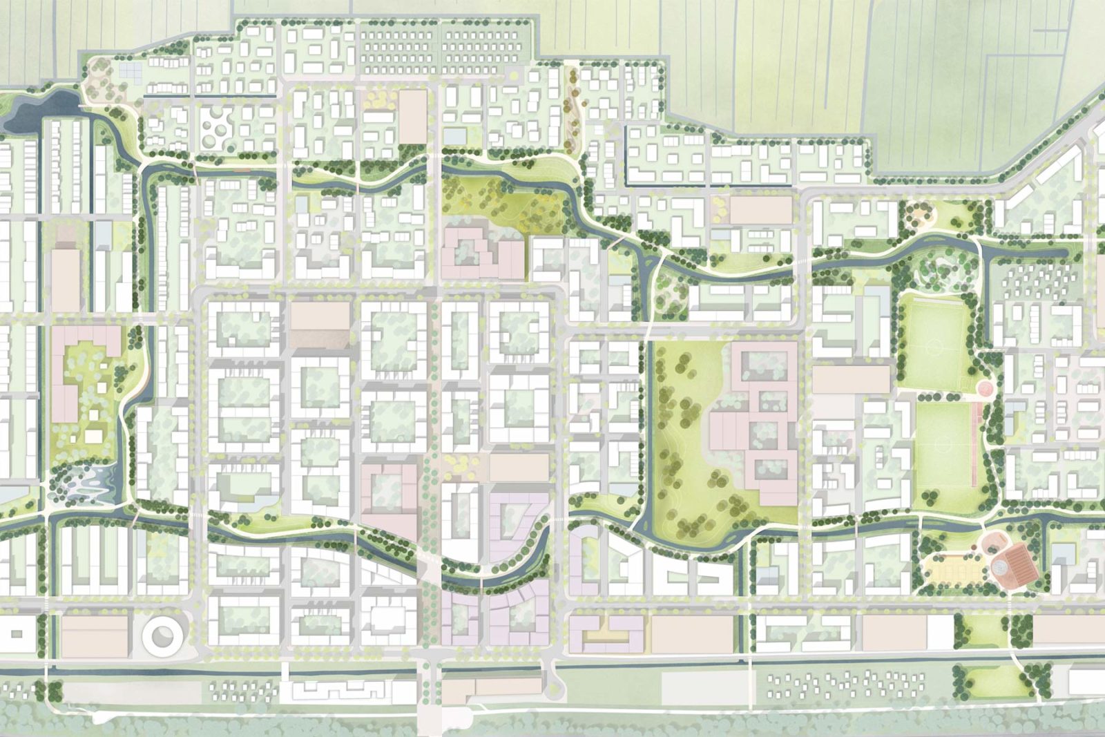 Schematische Darstellung des Grünen Loop in Hamburg Oberbillwerder. Er zieht sich durch das ganze Stadtteil, zwischen etlichen Wohngebäuden hindurch.