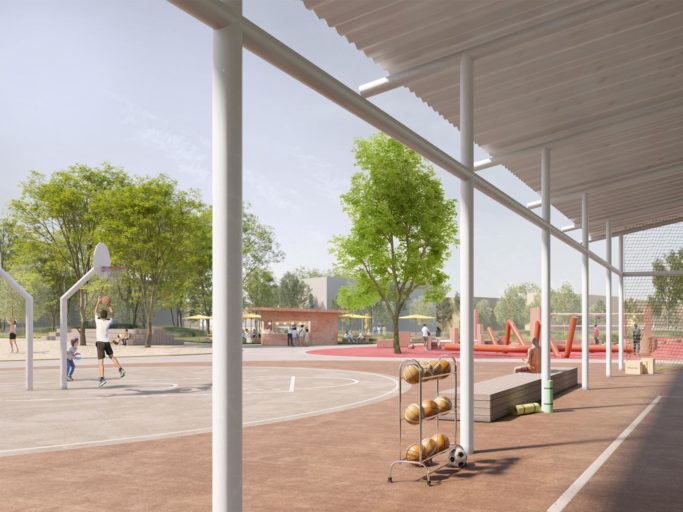 Visualisierung des Aktivitätsparks: Jugendliche spielen Basketball auf einem dafür ausgelegten Bodenbelag. Außerdem werden Bälle und Sitzgelegenheiten bereitgestellt.