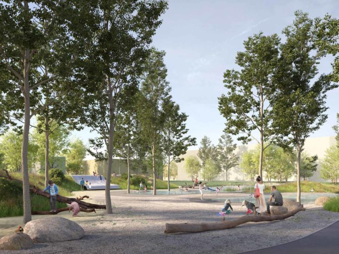 Visualisierung des Auenspielplatzes: Kinder spielen in einem Sandkasten, auf einer breiten Rutsche und Spielgeräten auf einem schattigen Platz.