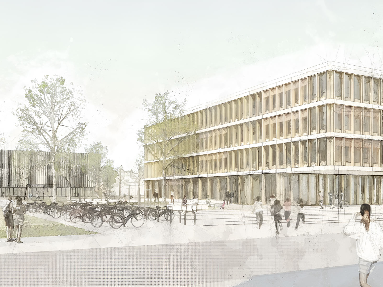 Das vorläufige Rendering zeigt die neue Grundschule in Alt Blankenberg, Berlin. Zwei gebäude werden durch einen großen Platz verbunden, auf dem Fahrradständer geplant sind.
