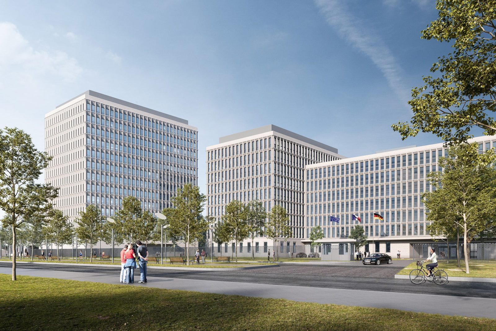 Visualisierung der Erweiterung des Bundesministeriums des Inneren und für Heimat (BMI). Drei rechteckige Gebäudeblöcke mit hellen verglasten Fassaden.