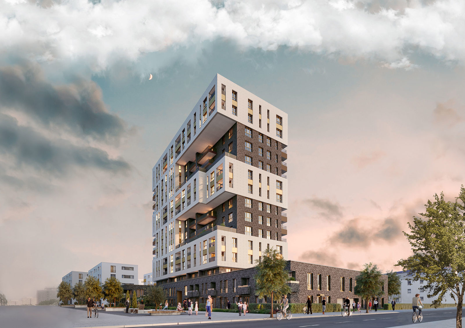 Der Hochpunkt E stellt mit weißer Fassade die Form eines E dar. Es wird durch dunkle Fassaden in den Zwischenräumen hervorgehoben.