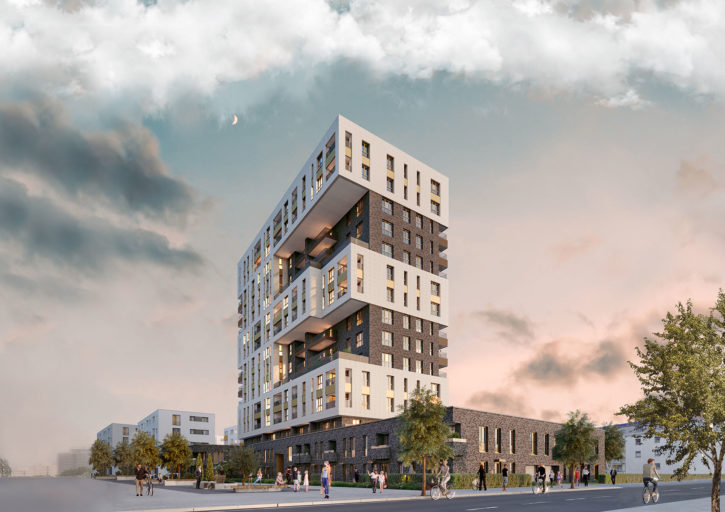Der Hochpunkt E stellt mit weißer Fassade die Form eines E dar. Es wird durch dunkle Fassaden in den Zwischenräumen hervorgehoben.