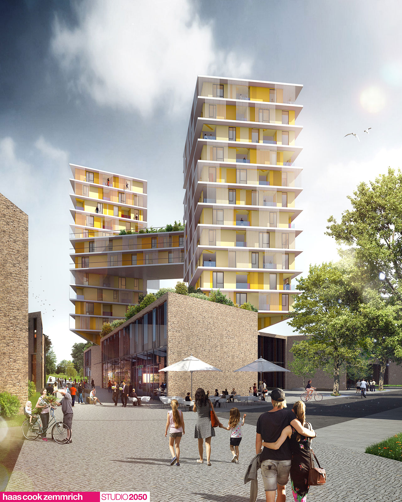 Das Hochpunkt H in Mannheim ist eines der HOME Häuser auf Franklin. Zwei Türme werden auf halber Höhe mit einer Brücke verbunden.