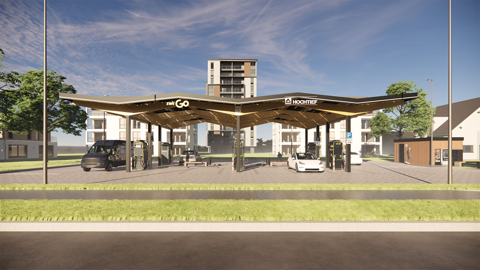 Visualisierung eines neuen Ladeparks für das Schnellladenetz von HOCHTIEF und EWE Go.