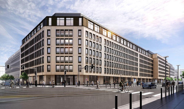 Visualisierung der HU Berlin, wie sie nach dem Umbau aussehen soll: Beige Plattfenfassade mit vielen einzelnen kleinen Fenstern