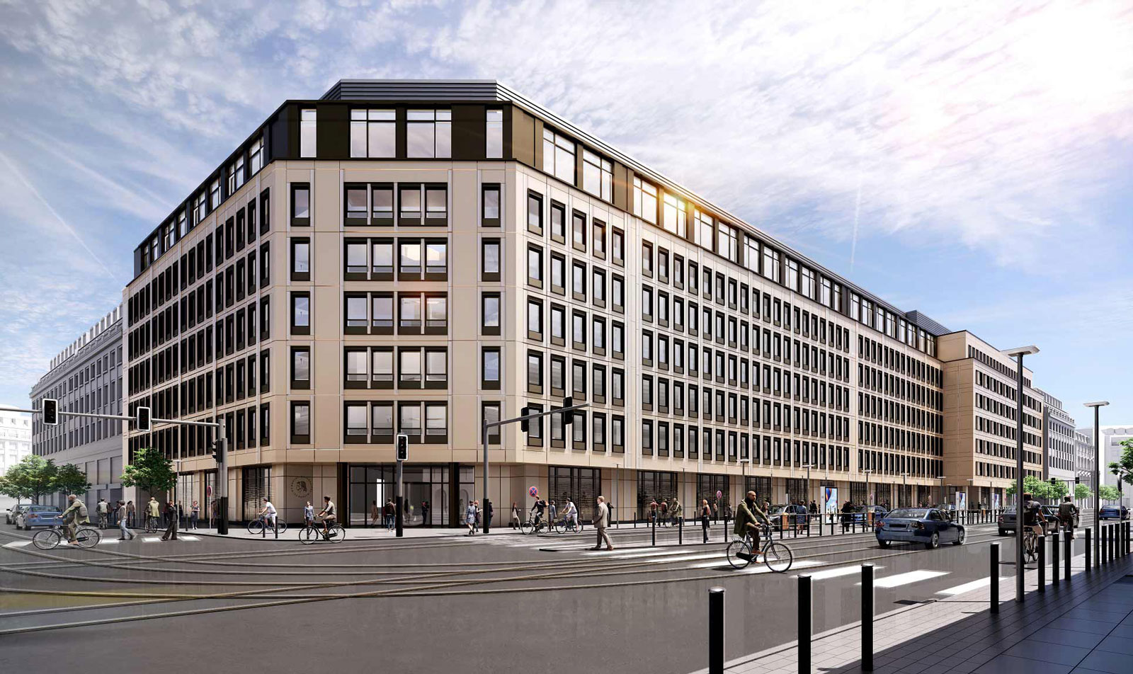 Visualisierung der HU Berlin, wie sie nach dem Umbau aussehen soll: Beige Plattfenfassade mit vielen einzelnen kleinen Fenstern