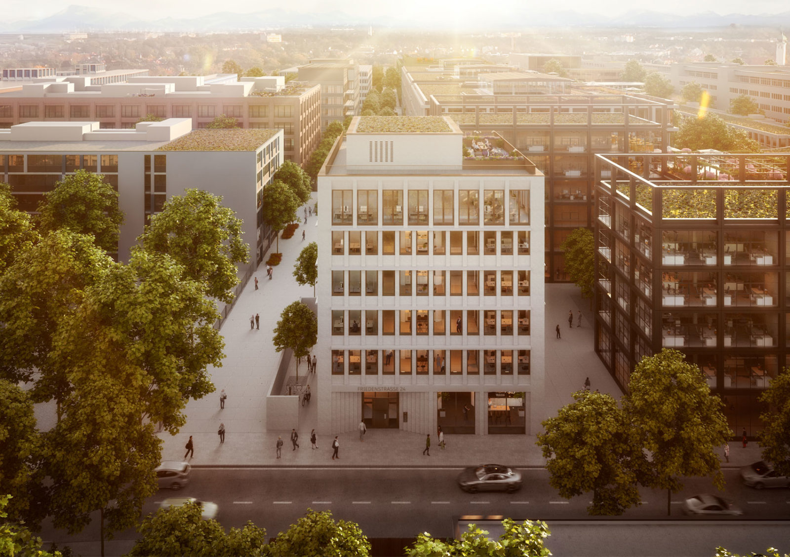 Visualisierung des Büro- & Gewerbegebäudes i4 auf dem iCampus in München. Aussehen: 7 Geschosse, weiße Fassade, hohe Glasfenster, Dachterrasse. Szenerie: Dämmerung, Sonnenstrahlen scheinen den Betrachter an.