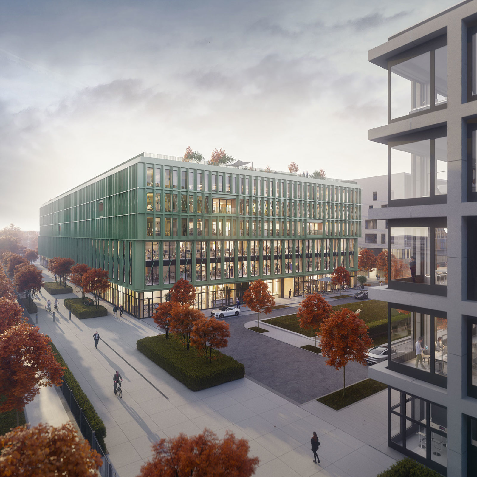 Visualisierung des sechsstöckigen i8 auf dem iCampus im Werksviertel in München. Es hat eine grüne Fassade mit sehr viel Fensterfläche.