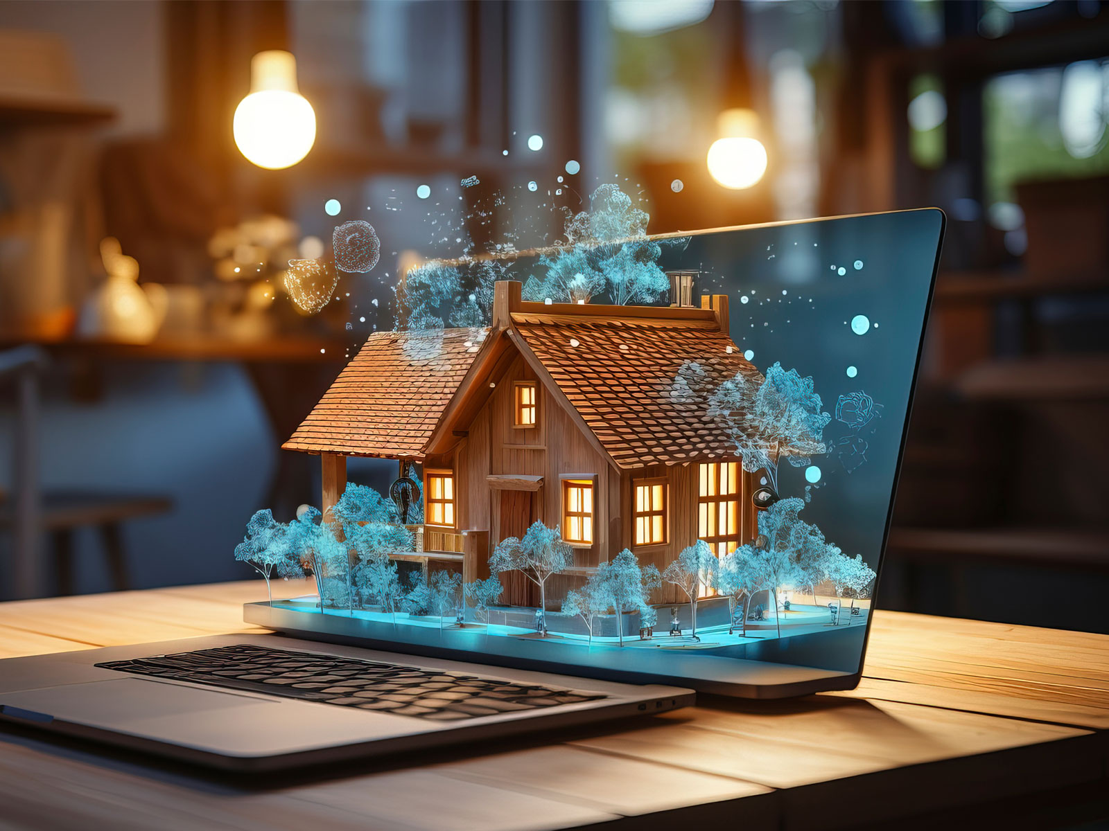 Beitragsbild zu: immowelt GmbH umbenannt zu AVIV Germany GmbH: Ein digital eingefügtes Einfamilienhaus steht in 3D aus einem aufgeklappten Laptop hervor.