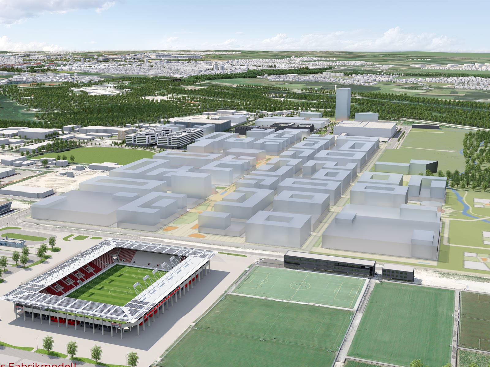 Vicualisierung des geplanten AUDI Technologieparks incampus in Ingolstadt auf 75 Hektar.