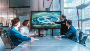 3 Männer sitzen an einem Konferenztisch. Am Tischende steht ein vierter und zeigt auf einen Bildschirm, der eine Visualisierung des Infener Hubs in Neumünster zeigt.