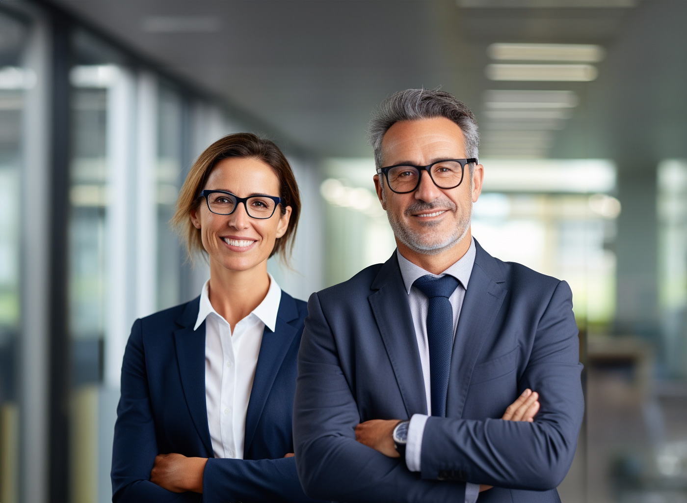 Das Bild zur Seite "Ingenieure, Ingenieurbüros, Planungsbüros und Fachplaner in der Nähe" zeigt einen Mann und eine Frau in Business-Kleidung mit vershchränkten Armen.