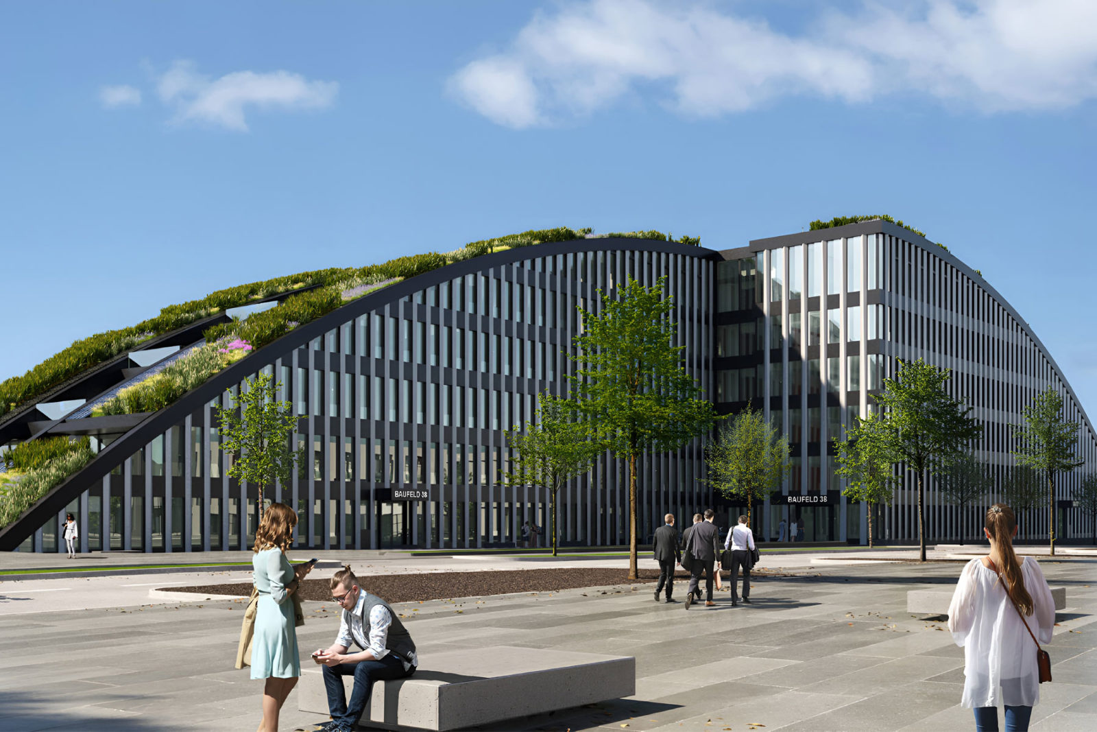 Die Visualisierung zeigt den Innovationsbogen der WALTER Beteiligungen und Immobilien GmbH in Augsburg.