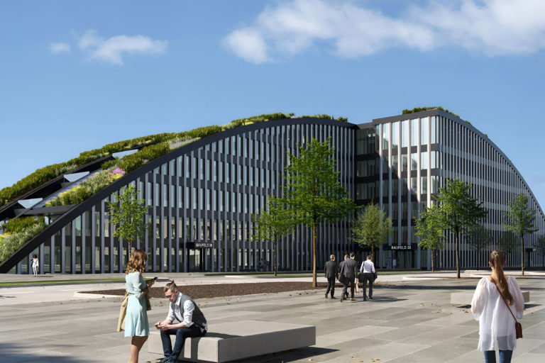 Die Visualisierung zeigt den Innovationsbogen der WALTER Beteiligungen und Immobilien GmbH in Augsburg.