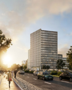 Außenvisualisierung des John Jahr Hauses in Berlin. Das Hochhaus ist vor dem Sonnenaufgang zu sehen.