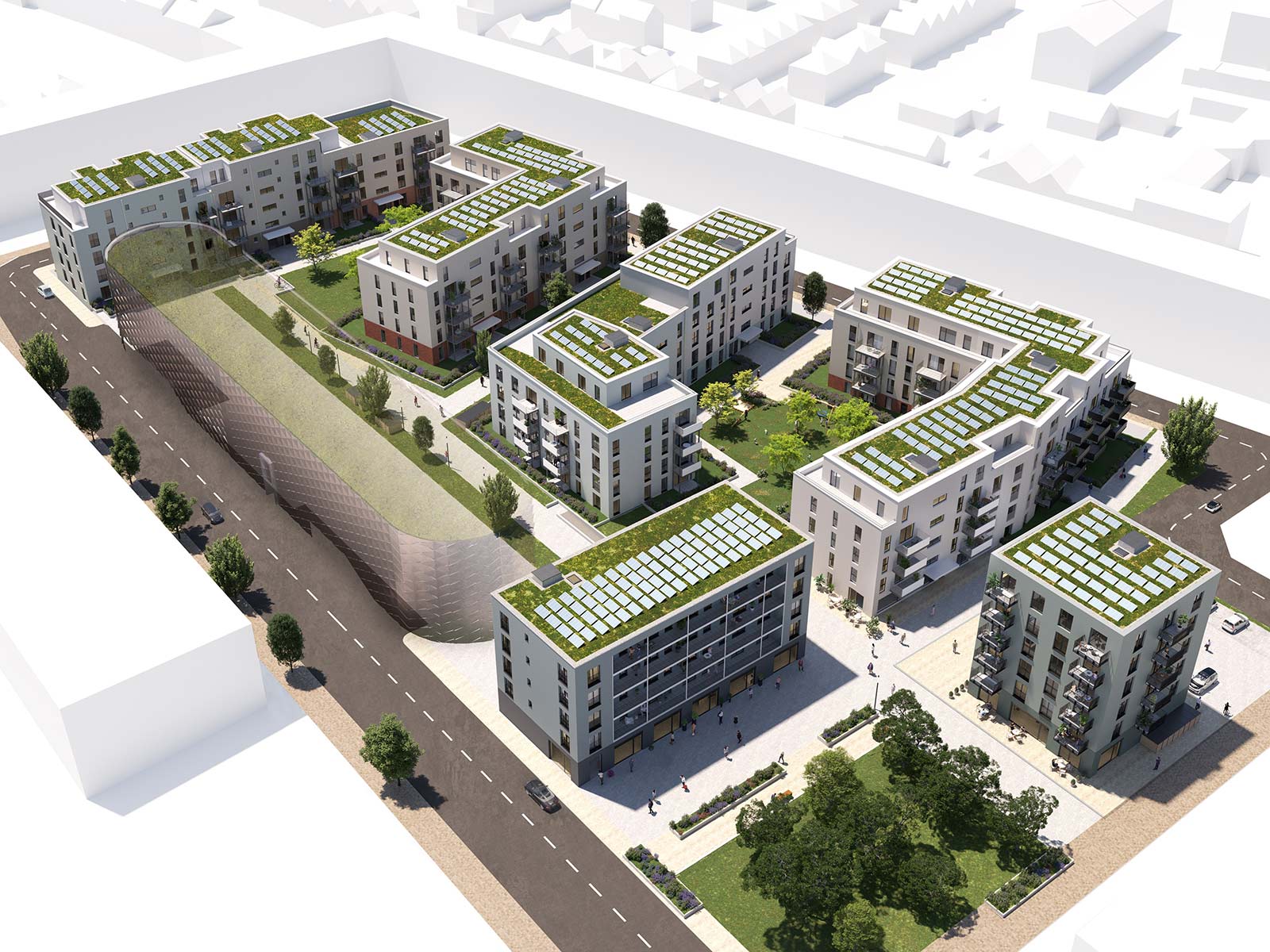 Visualisierung des Lagarde-Campus Bamberg: 6 Wohnblöcke