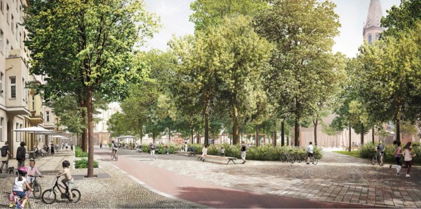 Visualisierung der geplanten begrünung auf den Lausitzer Platz in Belrin.